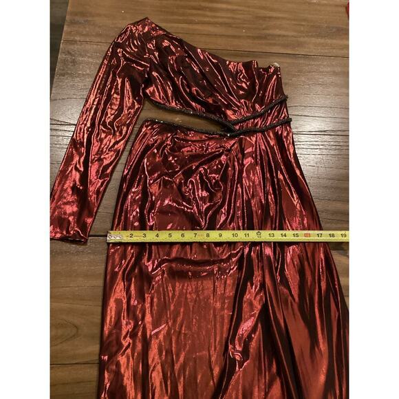 Marchesa Notte One-Shoulder slit Gown Metallic Red Cut Out Maxi Midi Dress 8 NWT - Picture 8 of 17